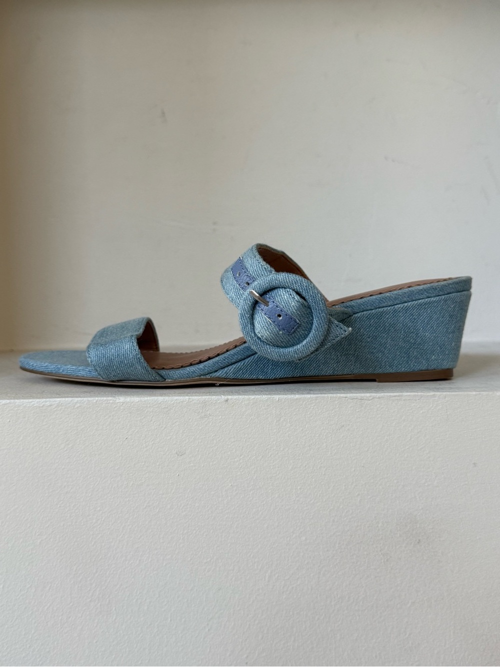 Anthropologie Blue Denim Buckle Low Wedge Sandals 8.5